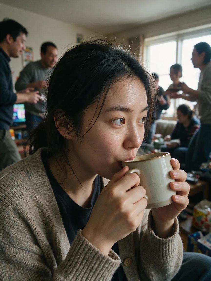 Close-up of a young woman in a knit cardigan sipping from a mug, with a busy room blurred behind her