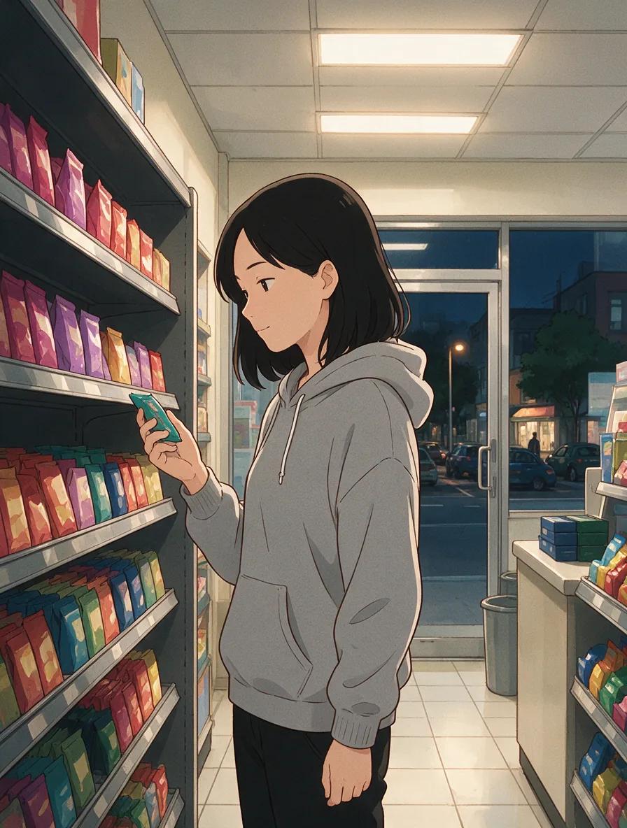Anime-style illustration of a young woman in a grey hoodie browsing snacks in a convenience store at night
