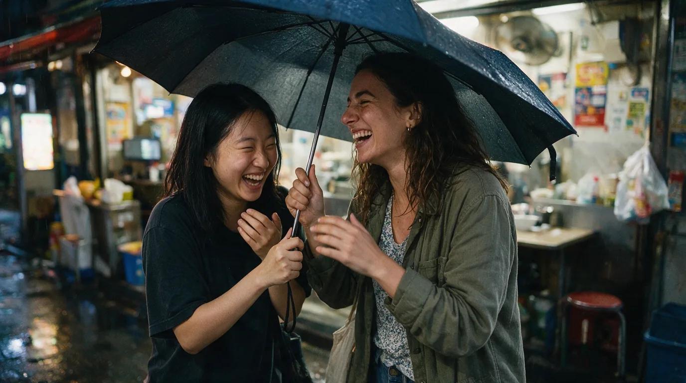 Two friends laughing under one umbrella outside a noodle shop on a rainy evening, wet street reflecting the lights