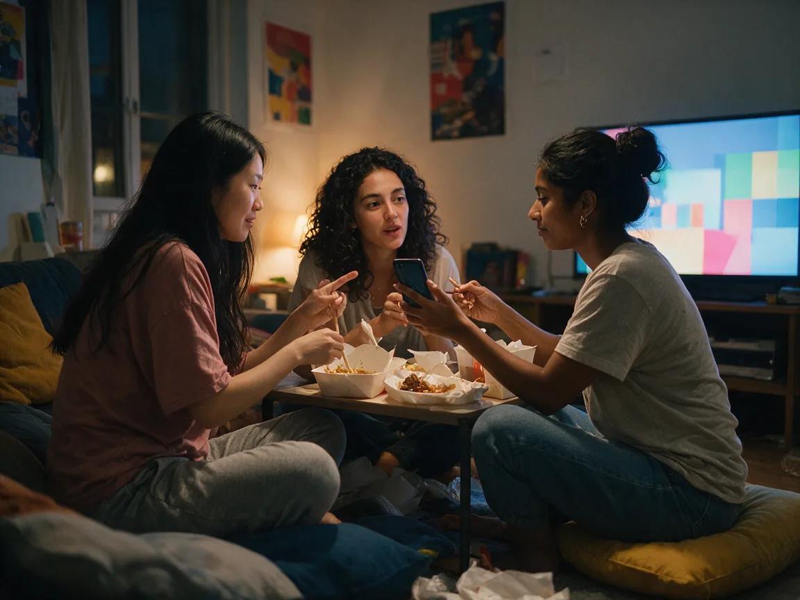 Three friends share takeout around a low table at home, one showing her phone, in a Seedream 5.5 image