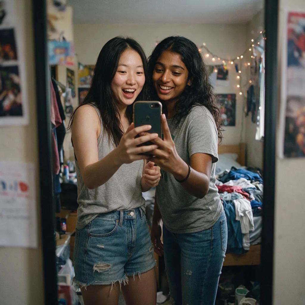 Two young women taking a mirror selfie together in a cluttered dorm room with string lights