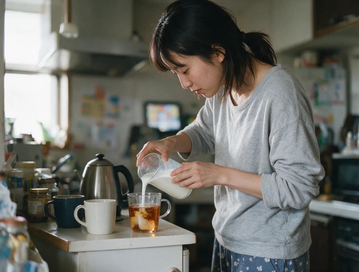 Young woman pouring milk into a glass of tea at a small home kitchen counter in morning light