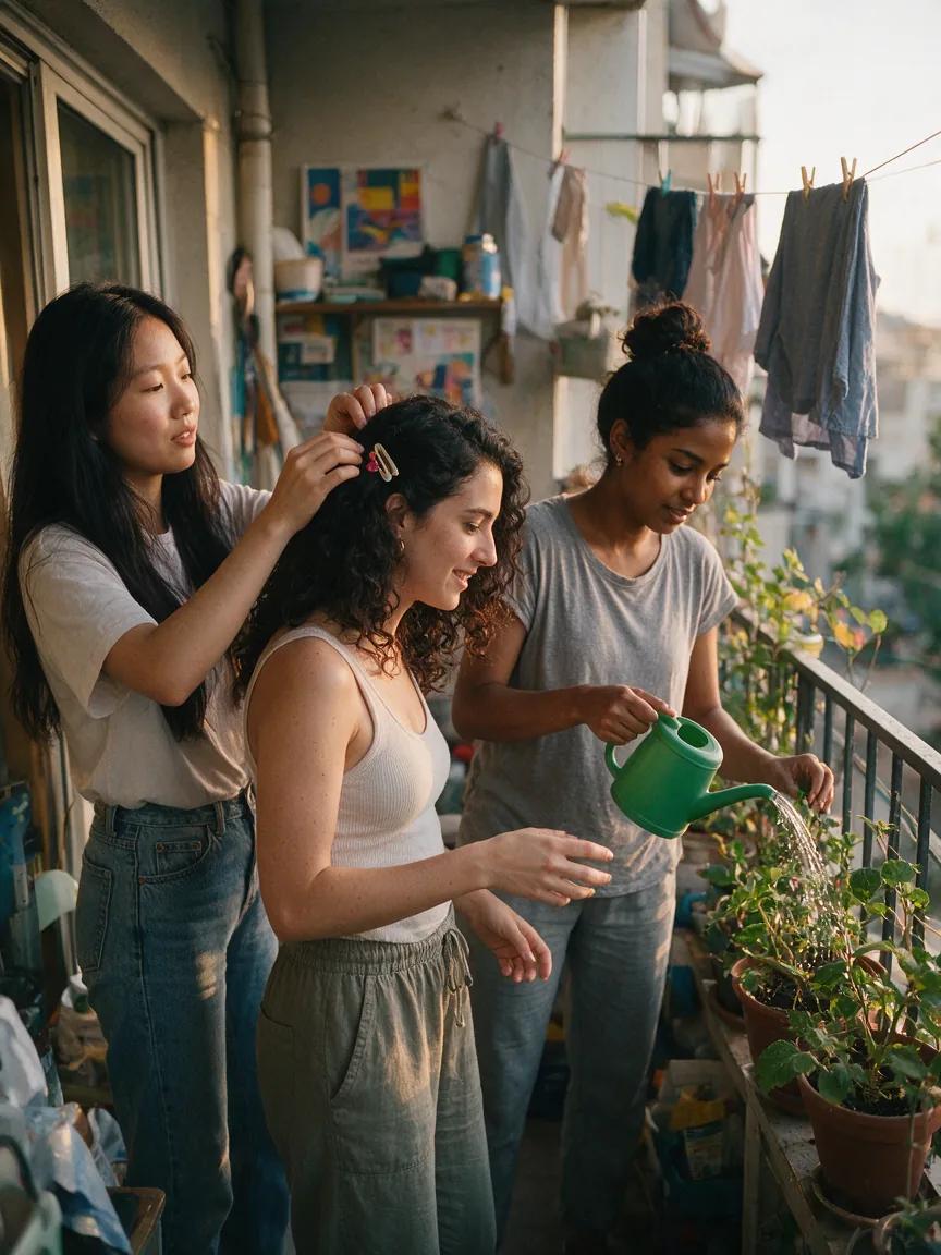 Three friends chatting and watering plants on a small apartment balcony with laundry hanging overhead