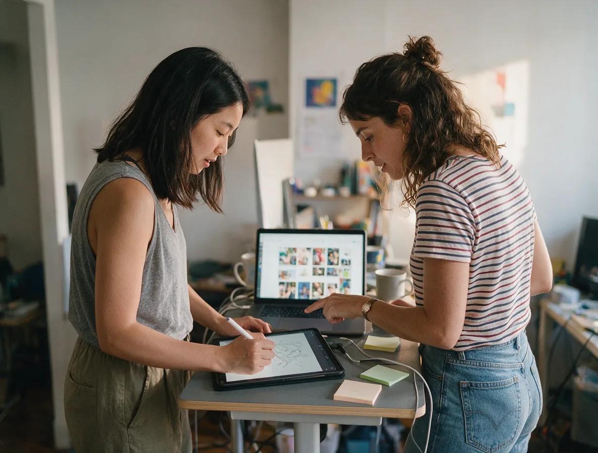 Two creators at a shared home desk, one sketching on a tablet while the other points at image thumbnails on a laptop, made with Seedream 5.5