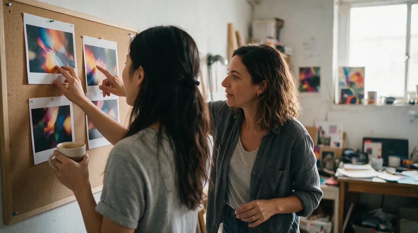 Small creative team comparing colorful image variations pinned to a corkboard, one woman touching a print