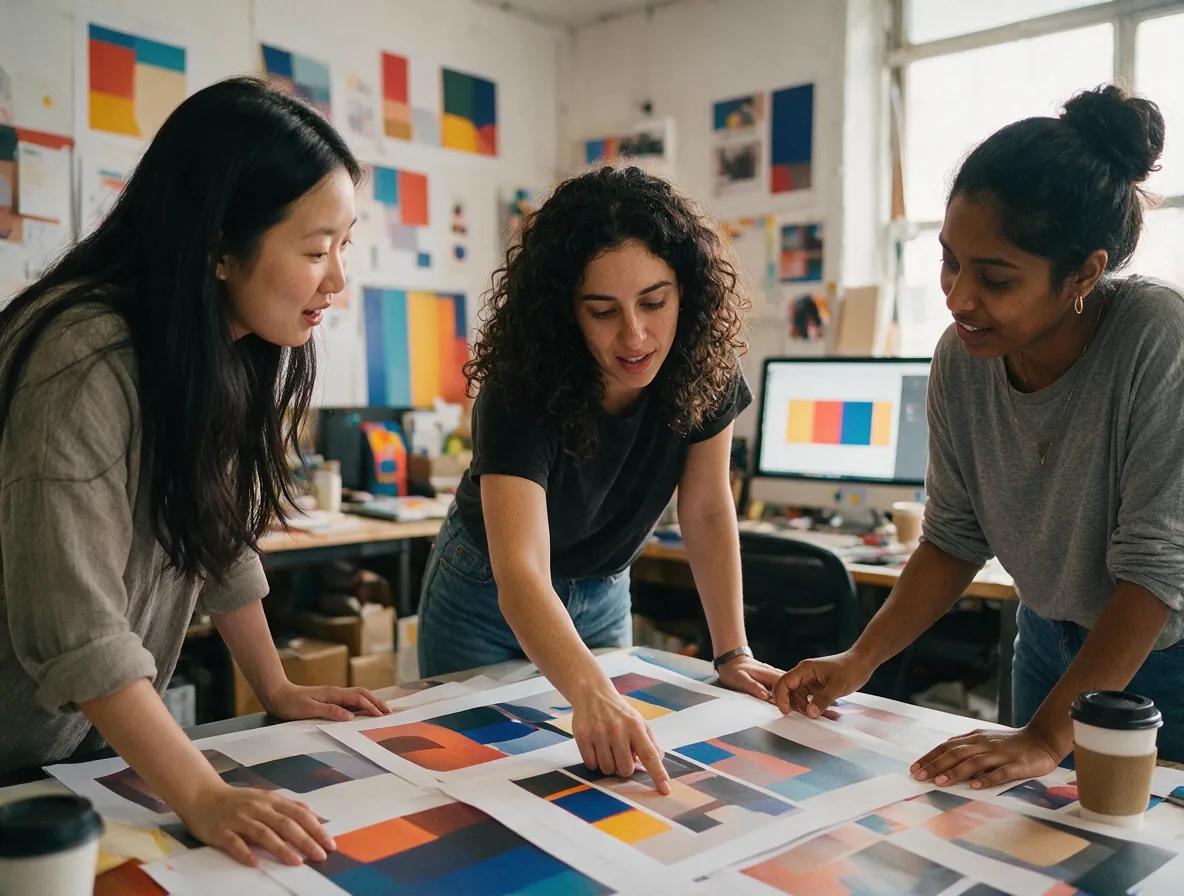 Three agency teammates leaning over a table of colorful poster printouts, picking the strongest layout