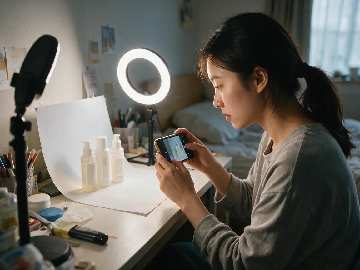 Young woman photographing plain skincare bottles with her phone under a ring light on a bedroom desk