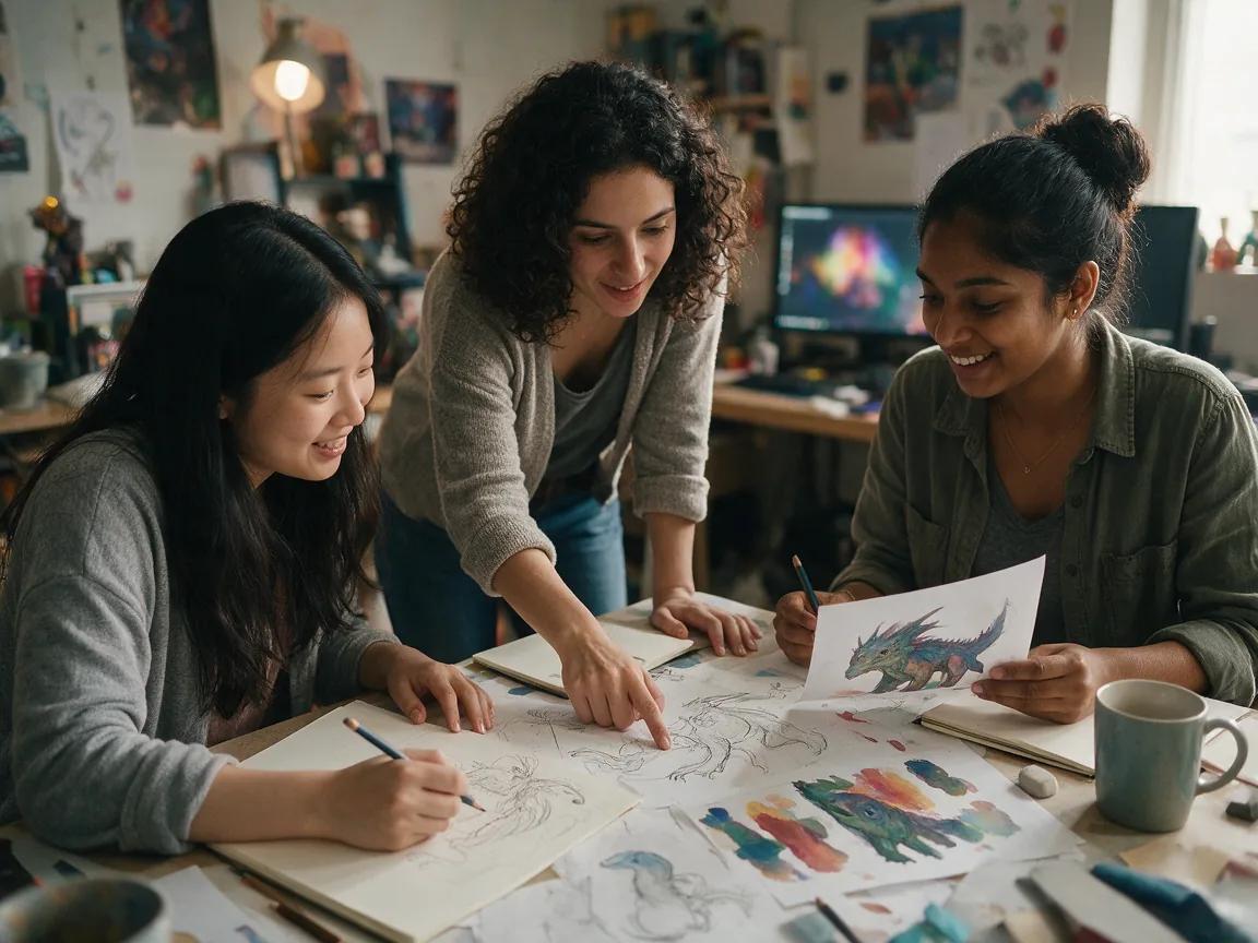 Three game artists sketch an original creature together, with color concept sheets spread across the studio table