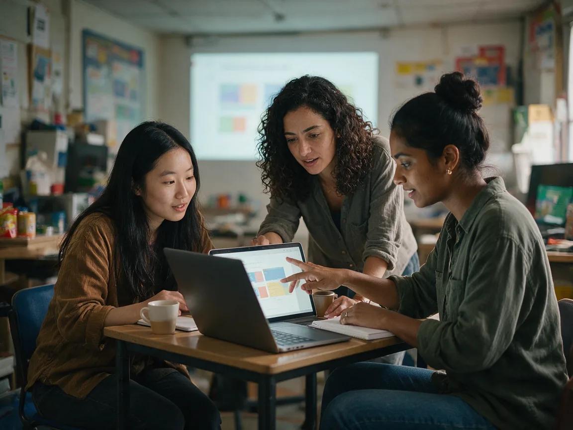 Three colleagues gathered around a laptop in a small meeting room, going over slides together