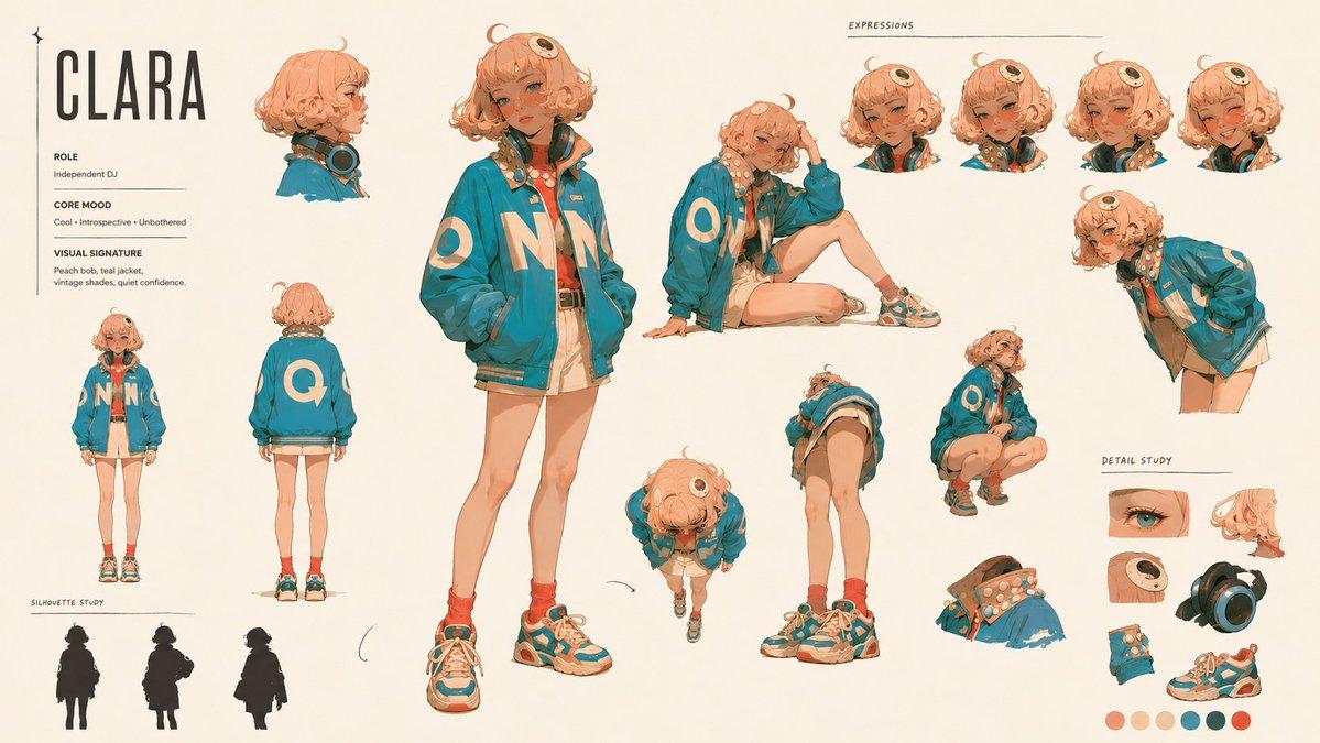 A drawn character presented from several viewpoints with accompanying pose studies