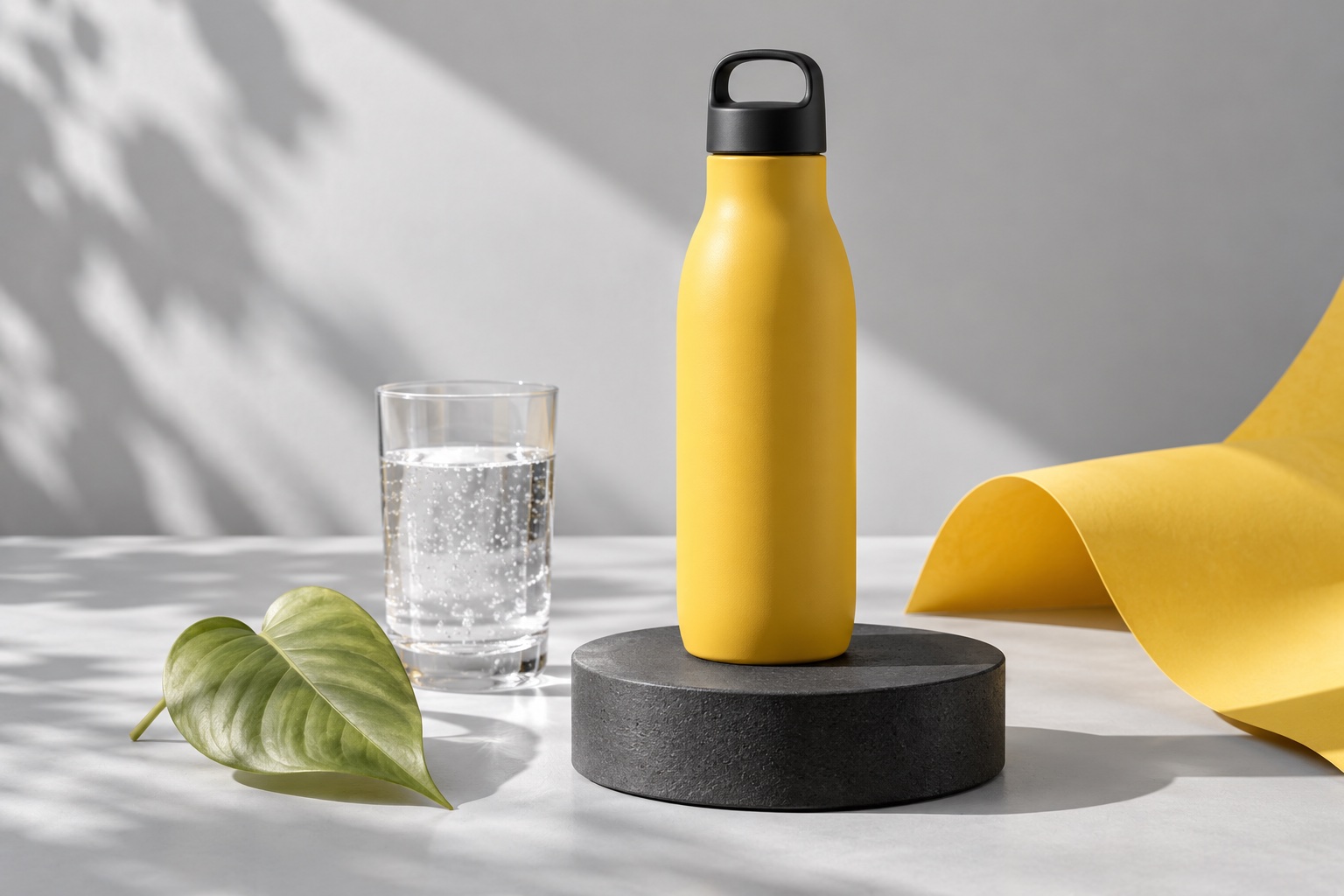 A reusable yellow bottle beside a transparent tumbler, displayed on a dark raised surface beneath studio window light