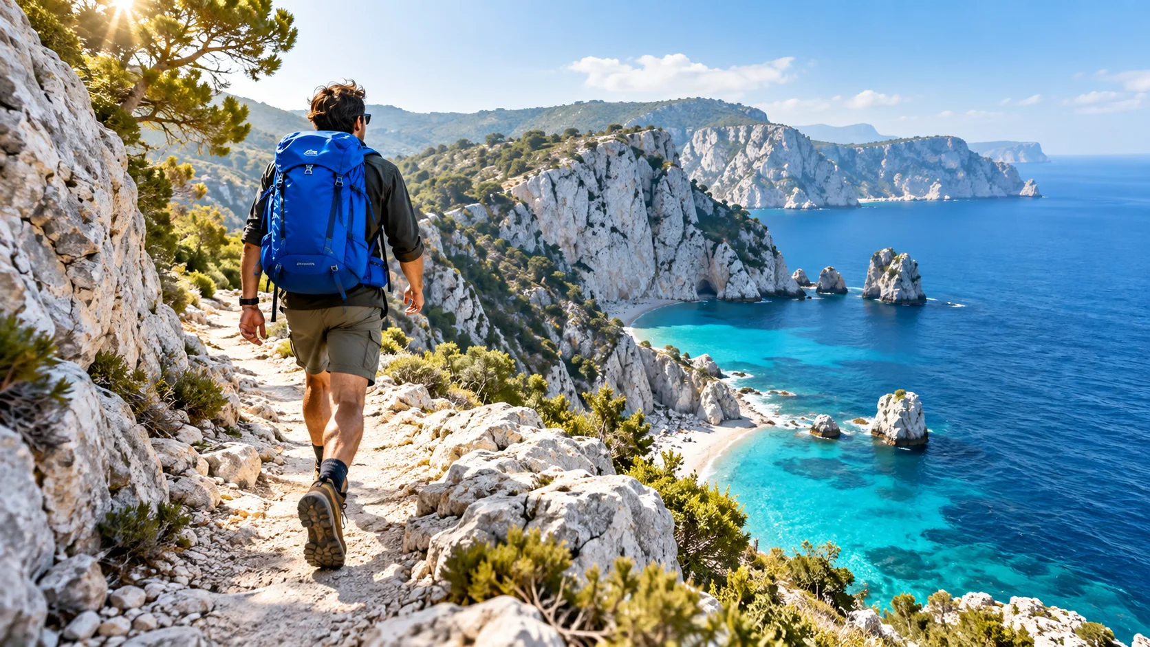 Wanderer mit blauem Rucksack an einer sonnigen Kalksteinküste